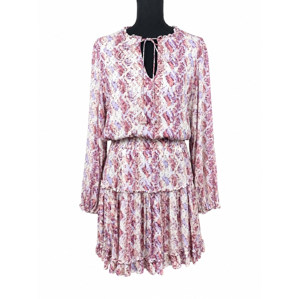 Dear John Women's M Pink Purple Abstract Ruffle Tiered Mini Dress Boho